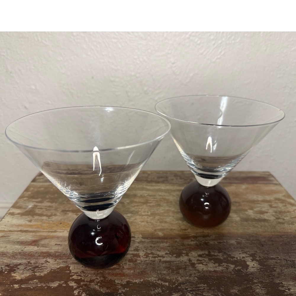 Vintage Cocktail Martini Glasses Set of 2 Bubble Base Ball Stem V Shaped 1970s